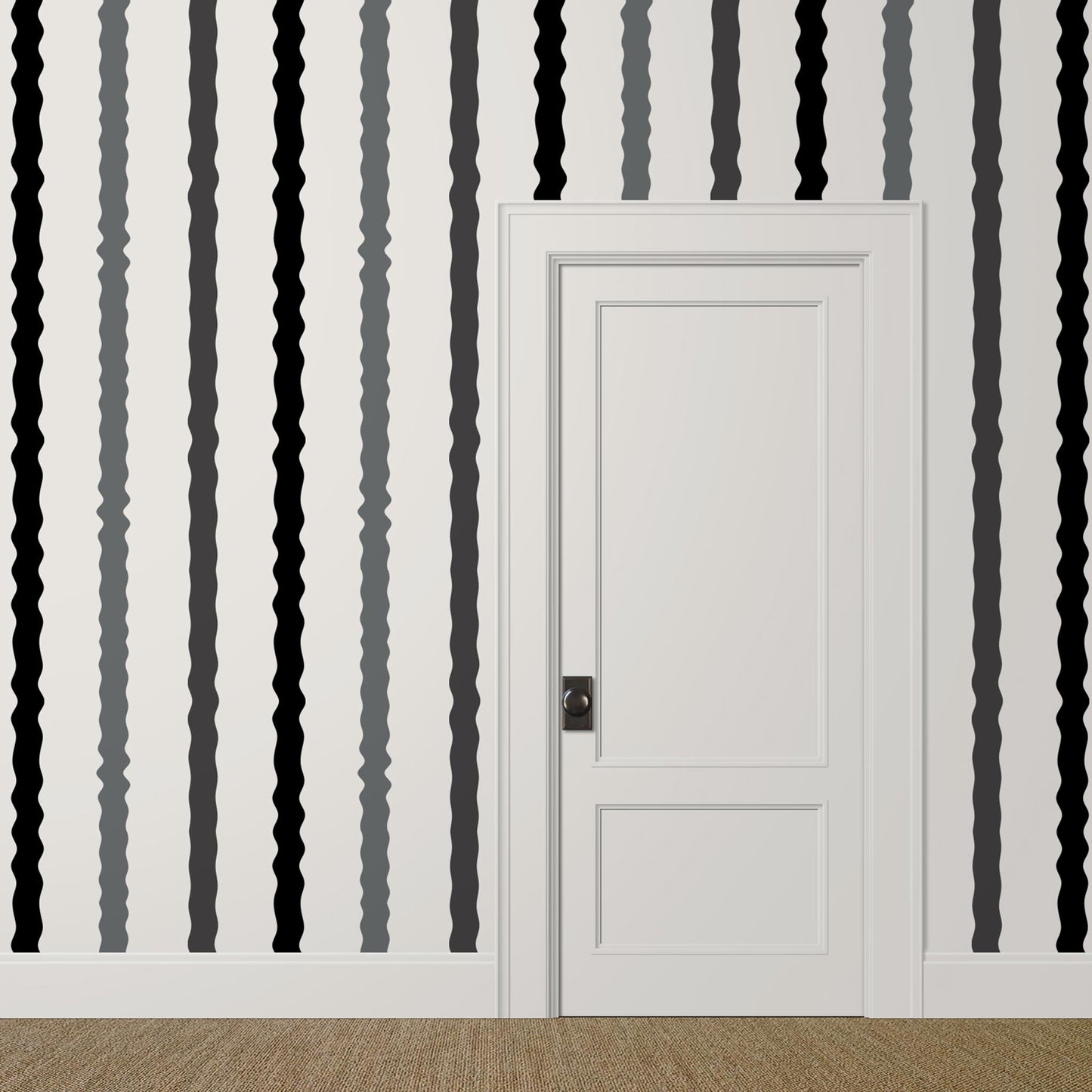 Wavy black, grey, and white striped wallpaper in a playful modern hallway