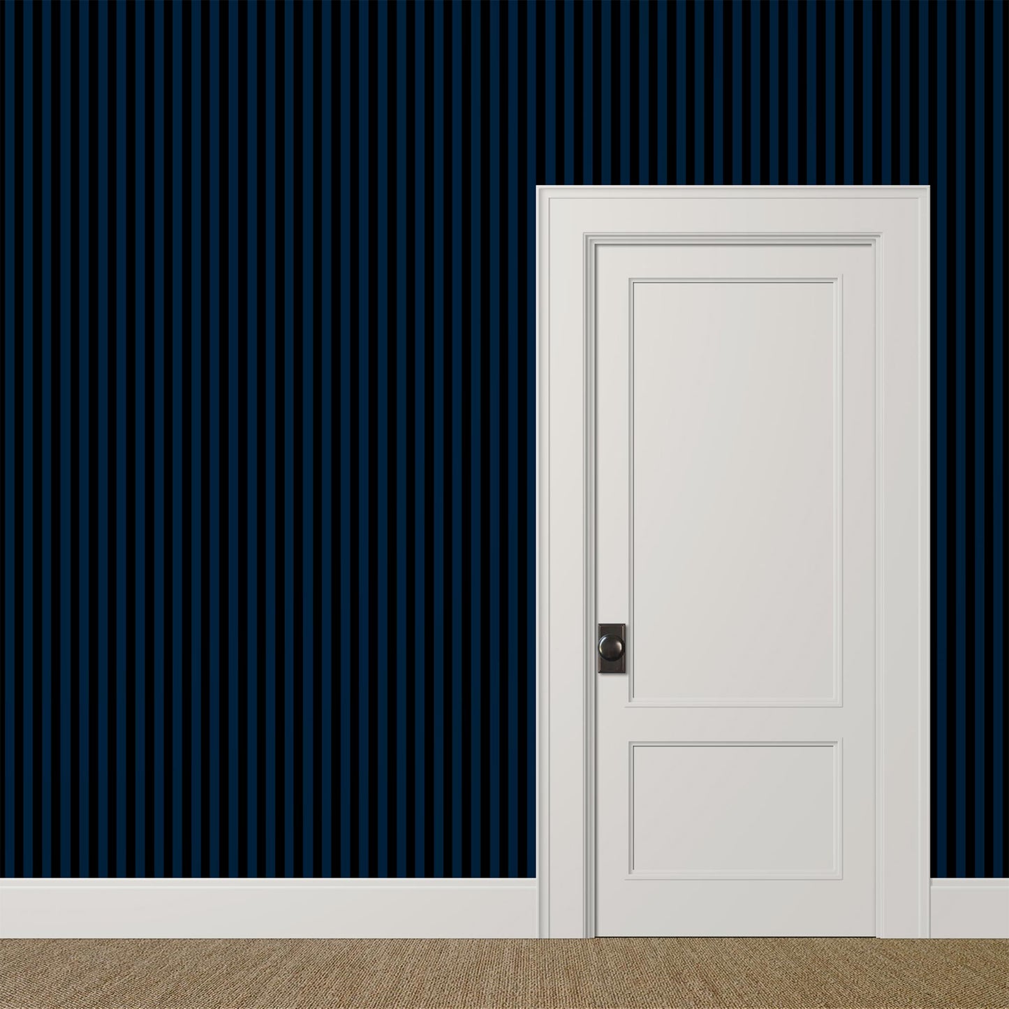 1-inch black and navy striped wallpaper in a moody dining room for nautical midnight atmosphere