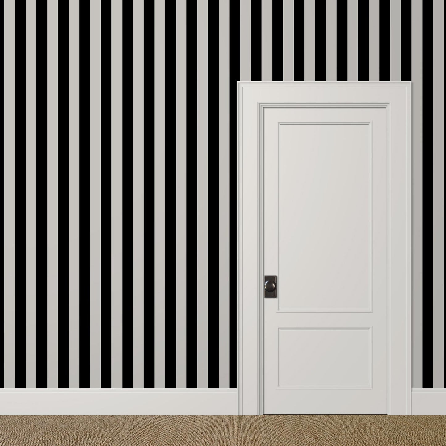Wide black and grey cabana striped wallpaper in a vintage coastal living room