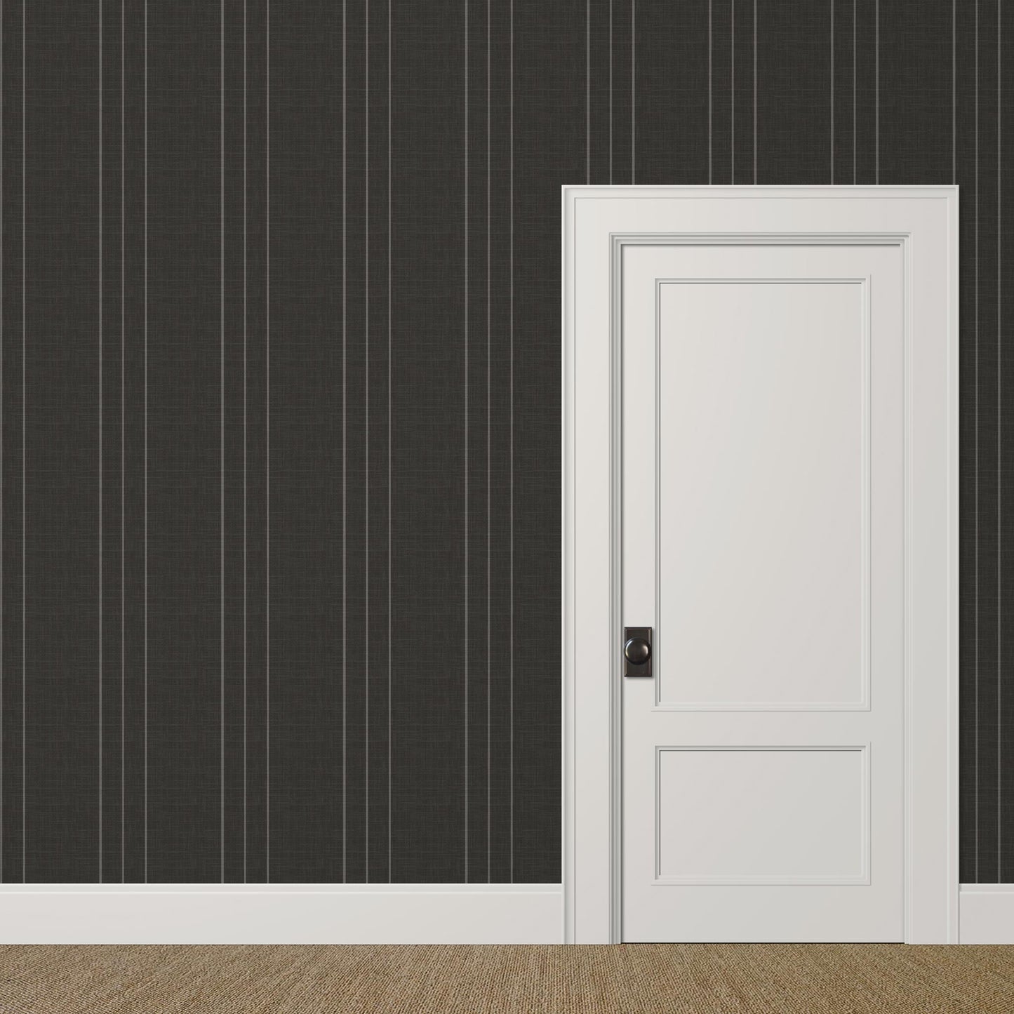 Medium-scale black and grey pinstripe wallpaper with linen finish in a modern study with art on display