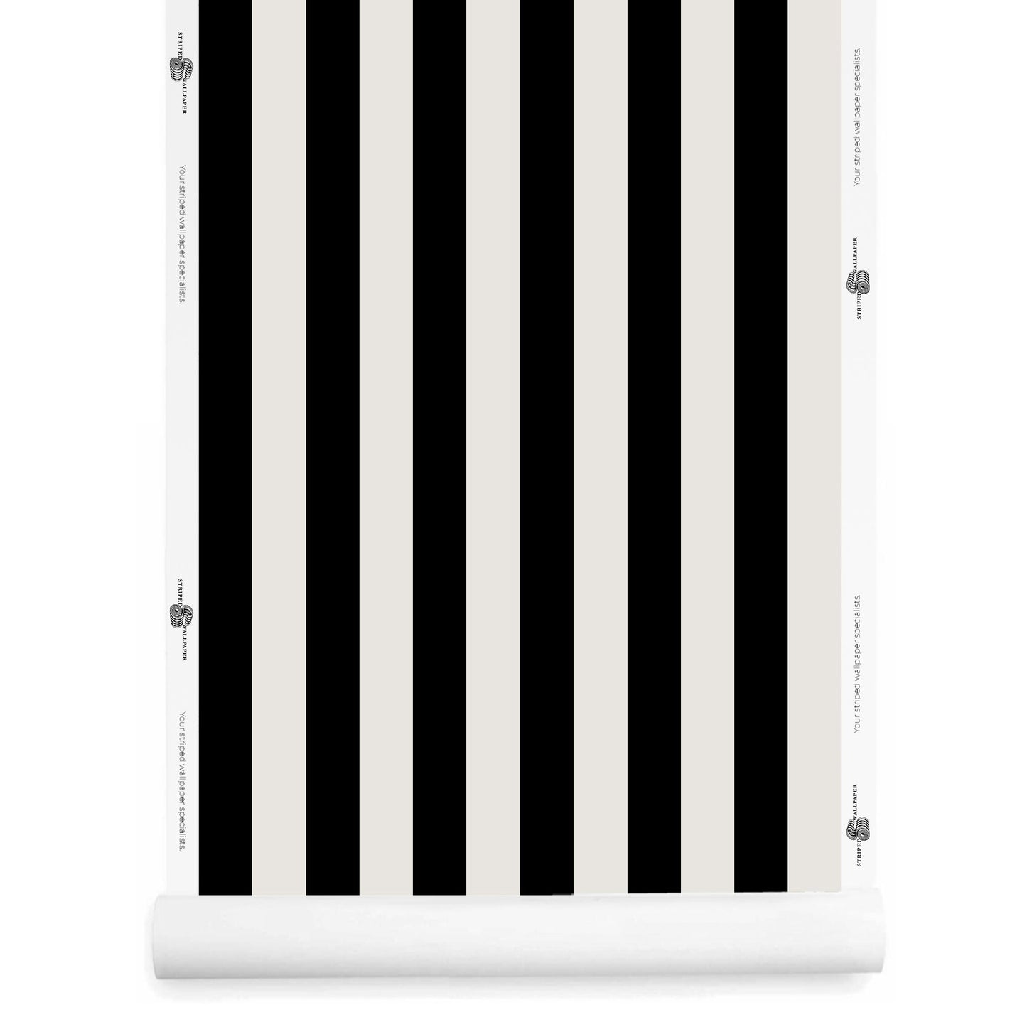 A roll of Athens wallpaper with black and haze ivory stripes in a symmetrical design