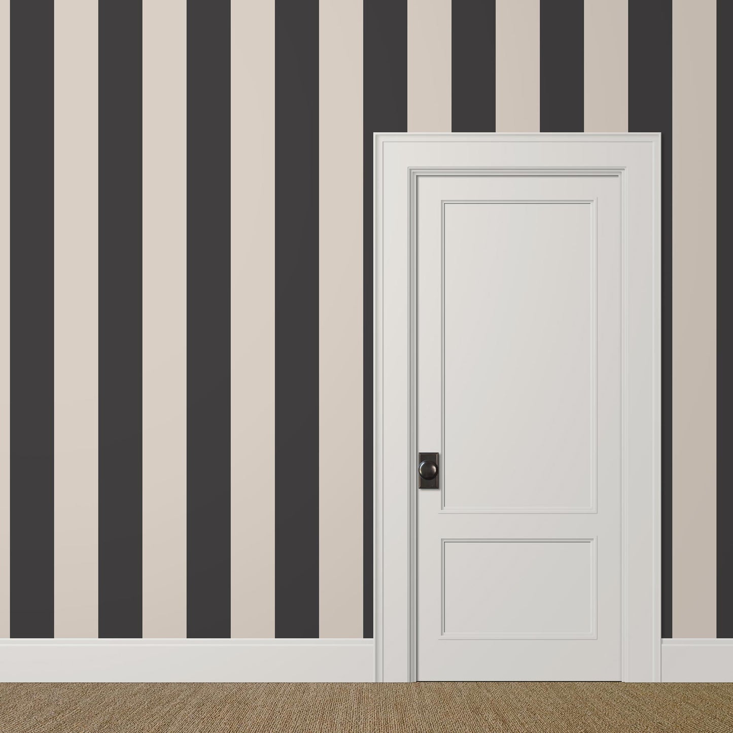 Large-scale black and off white striped wallpaper with sepia tone in a grand staircase interior