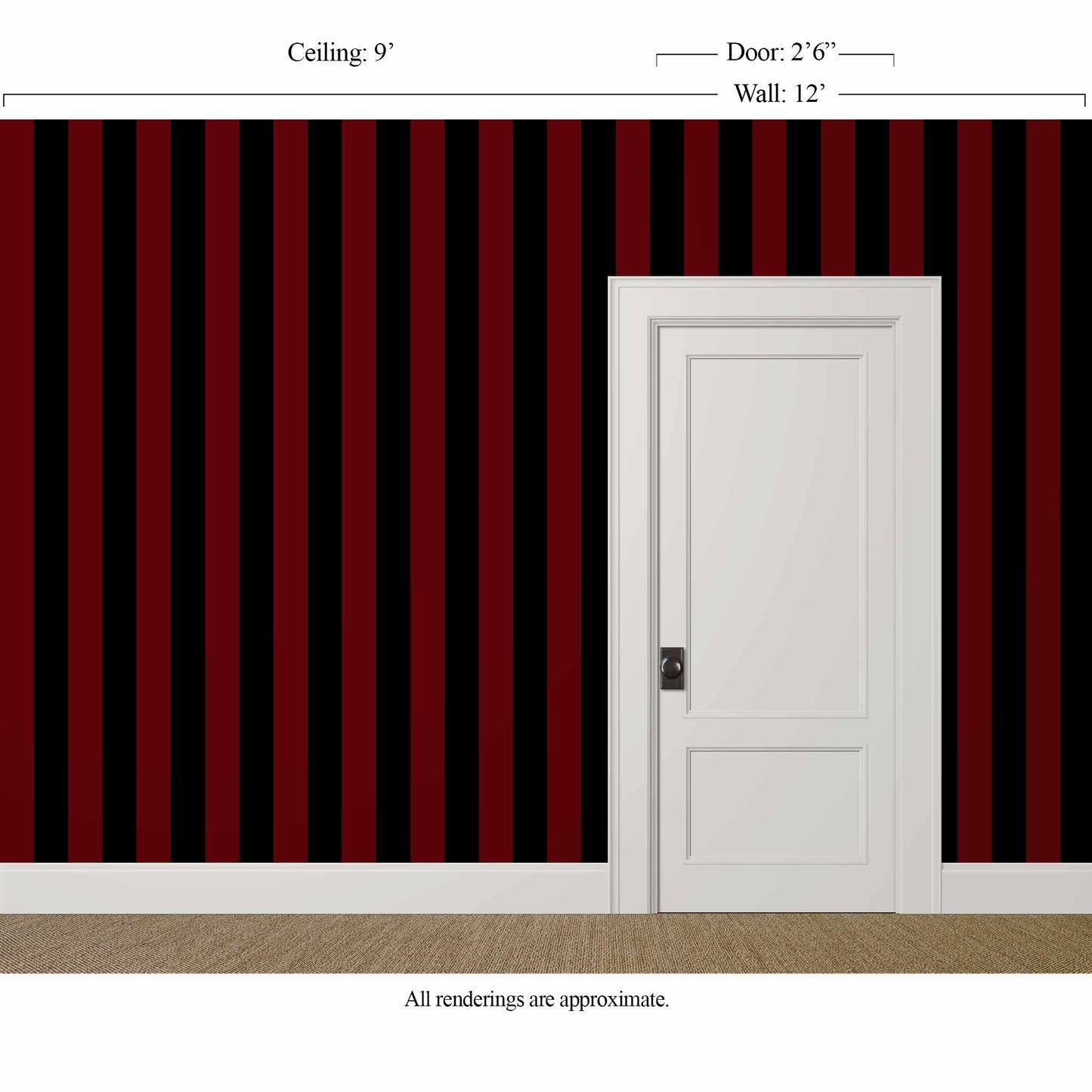 Black and red striped wallpaper in Plum Midnight with medium-bold vertical stripes behind a white door