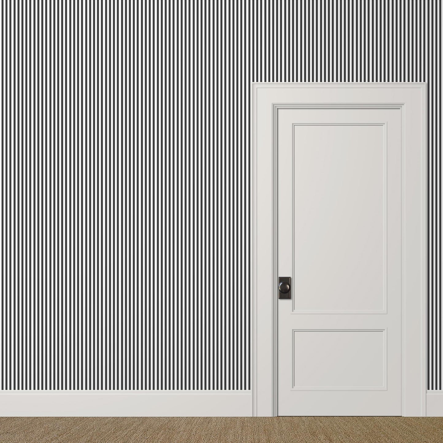 ½-inch black and white striped wallpaper in a bold stairwell for graphic effect