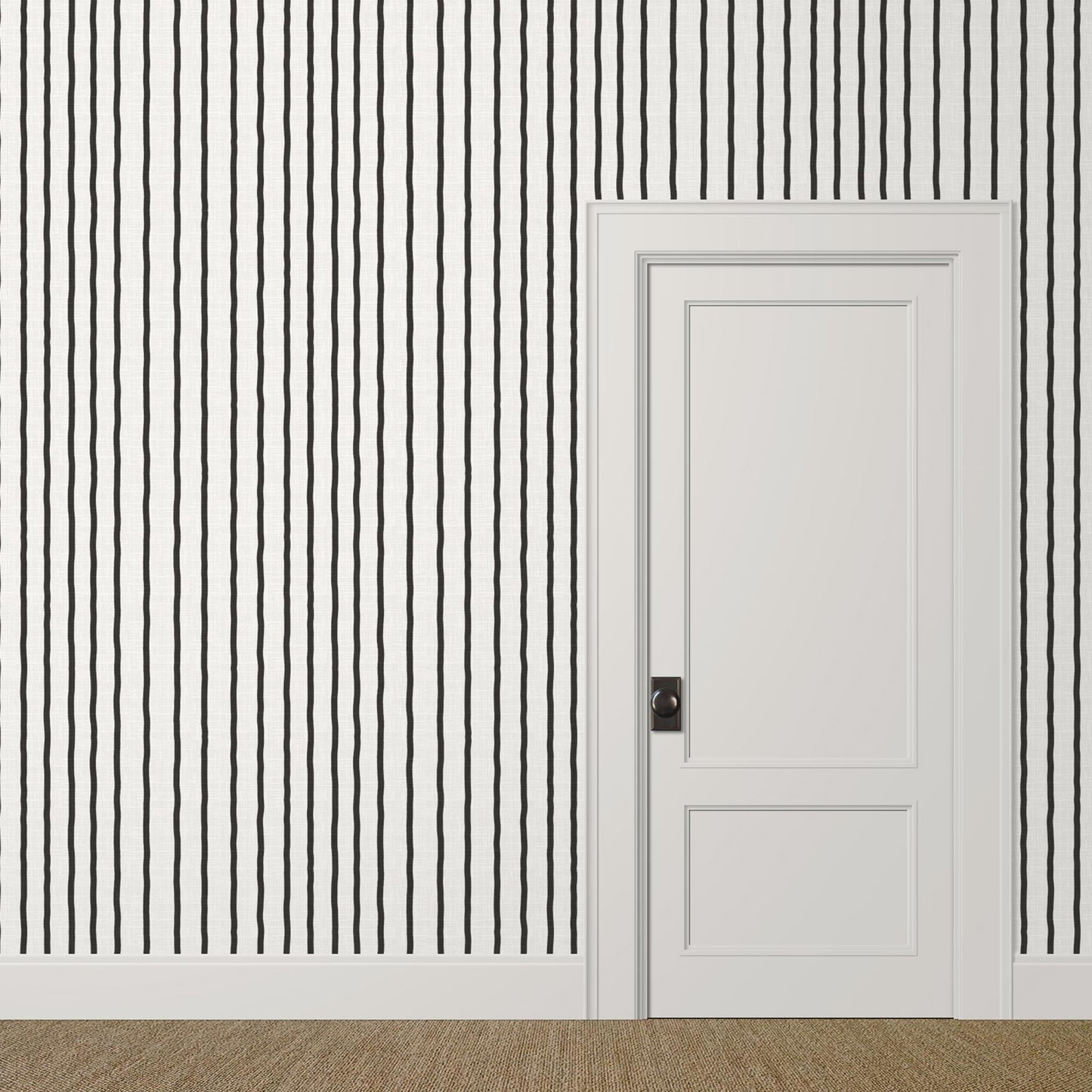 Medium-scale black and white painted stripe wallpaper with linen finish in a modern bedroom