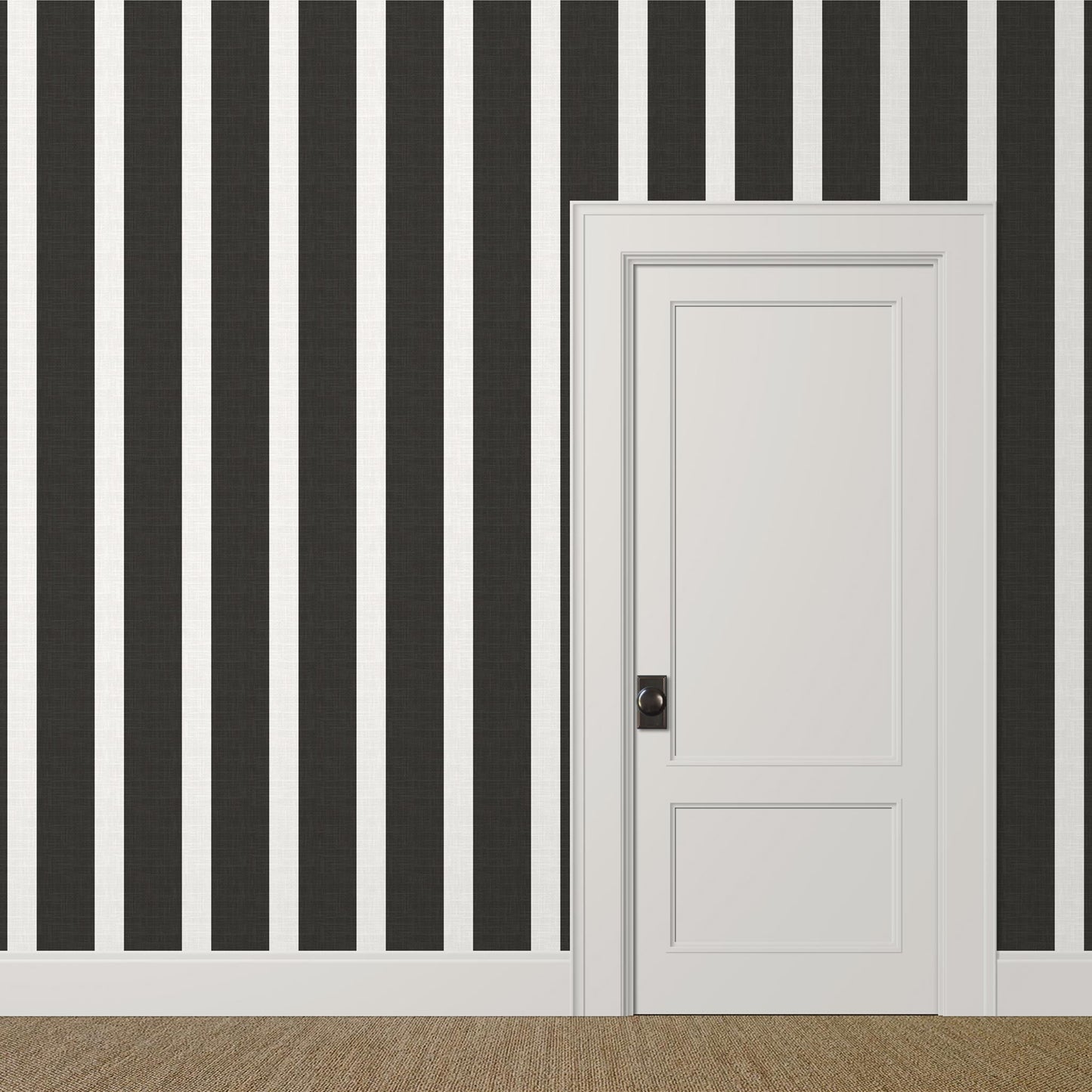 Large-scale black and white striped wallpaper with linen finish in a modern entry hall