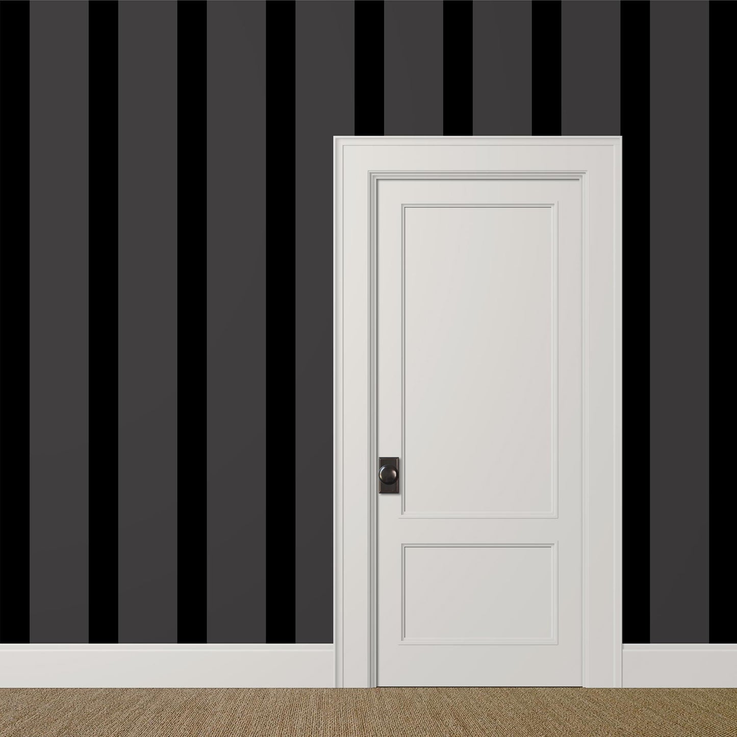 Grand-scale black on black striped wallpaper in Midnight and Pitch for a dramatic entryway