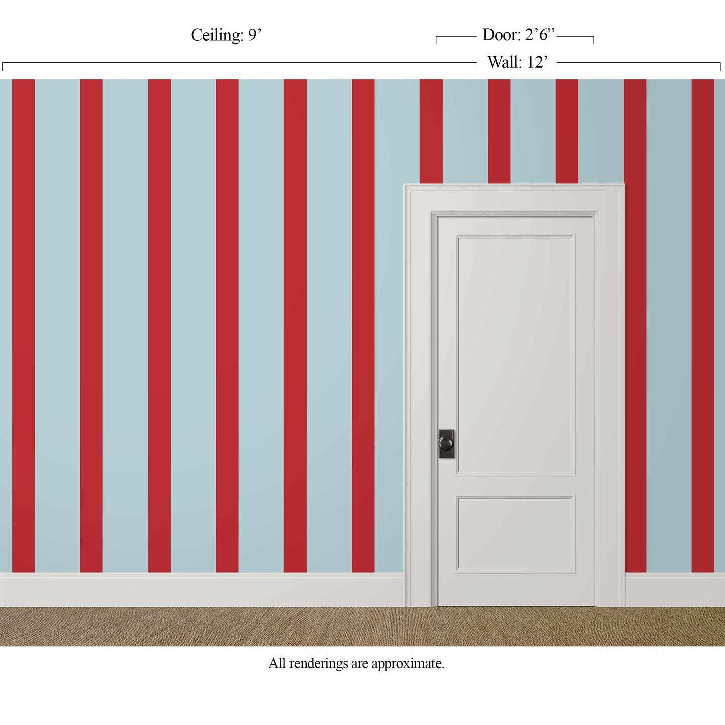 Blue and red striped wallpaper in a boy's bedroom with white door and trim