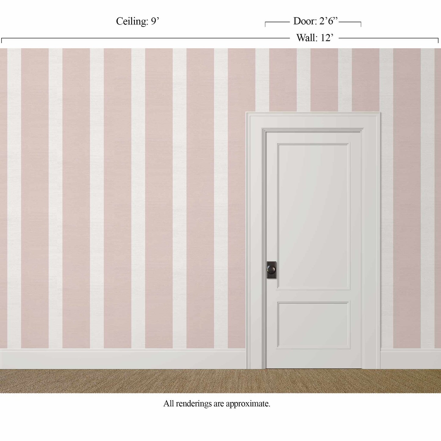 blush stripe wallpaper with silk finish installed in a formal interior with wide vertical stripes