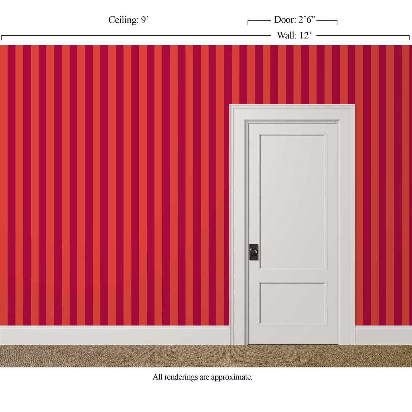 Bright red striped wallpaper Alegre in Crimson Kiss and Hot Lips in a restaurant hallway with white door and trim
