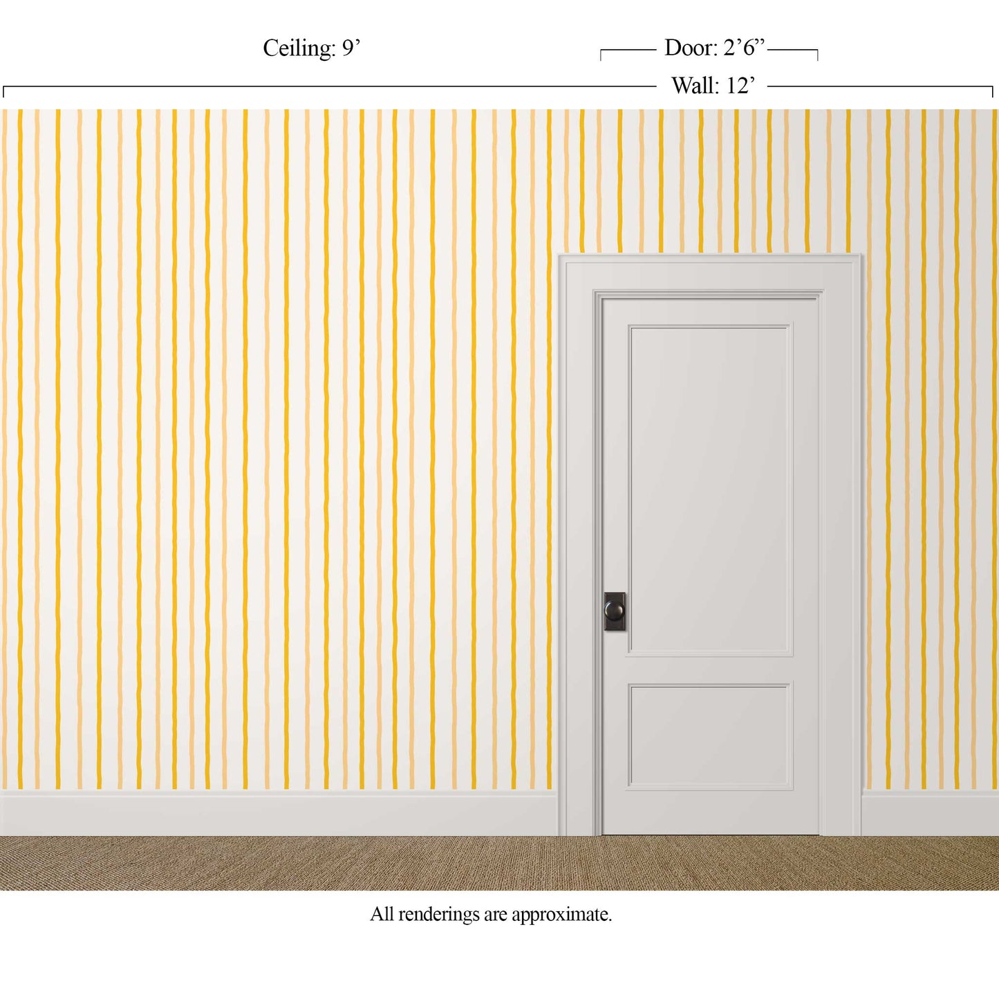 Wavy bright yellow striped wallpaper in ivory, lemon drop, and saffron in a cheerful, light-filled kitchen