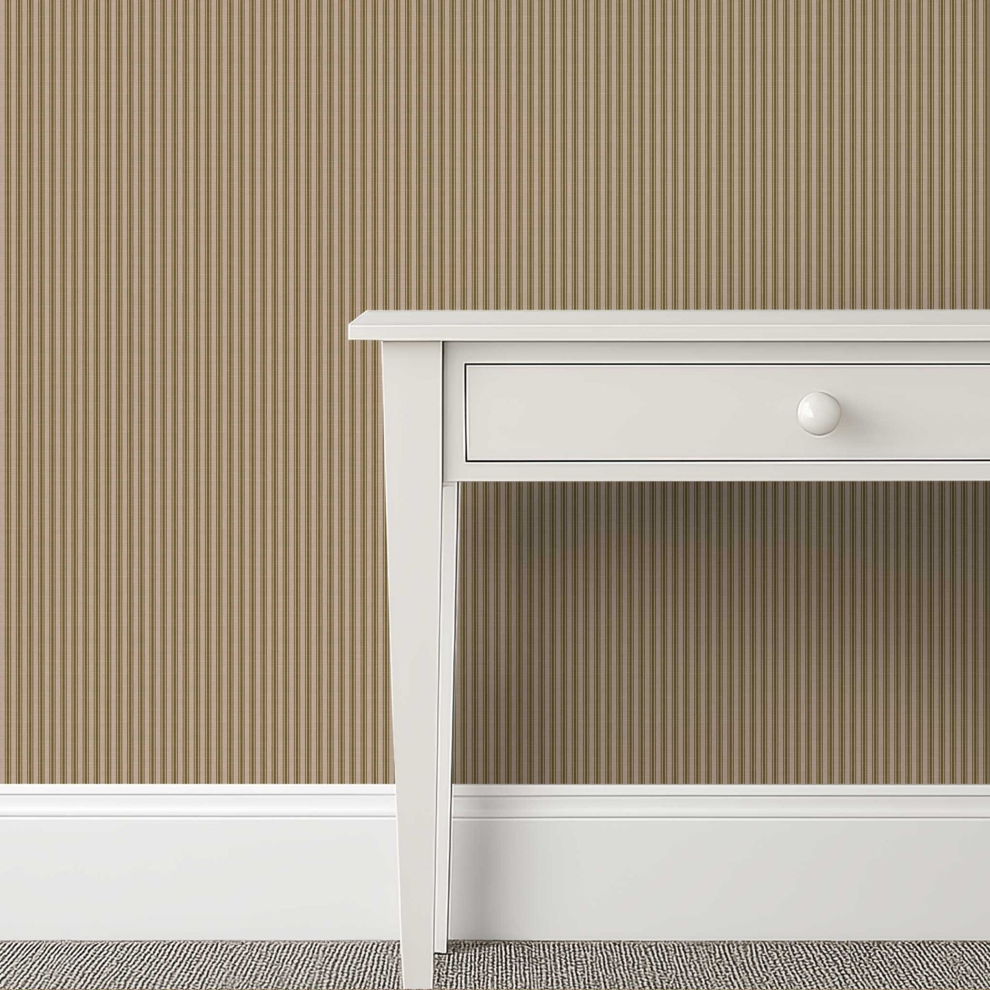 Narrow mushroom and chocolate ticking stripe wallpaper in an industrial loft study