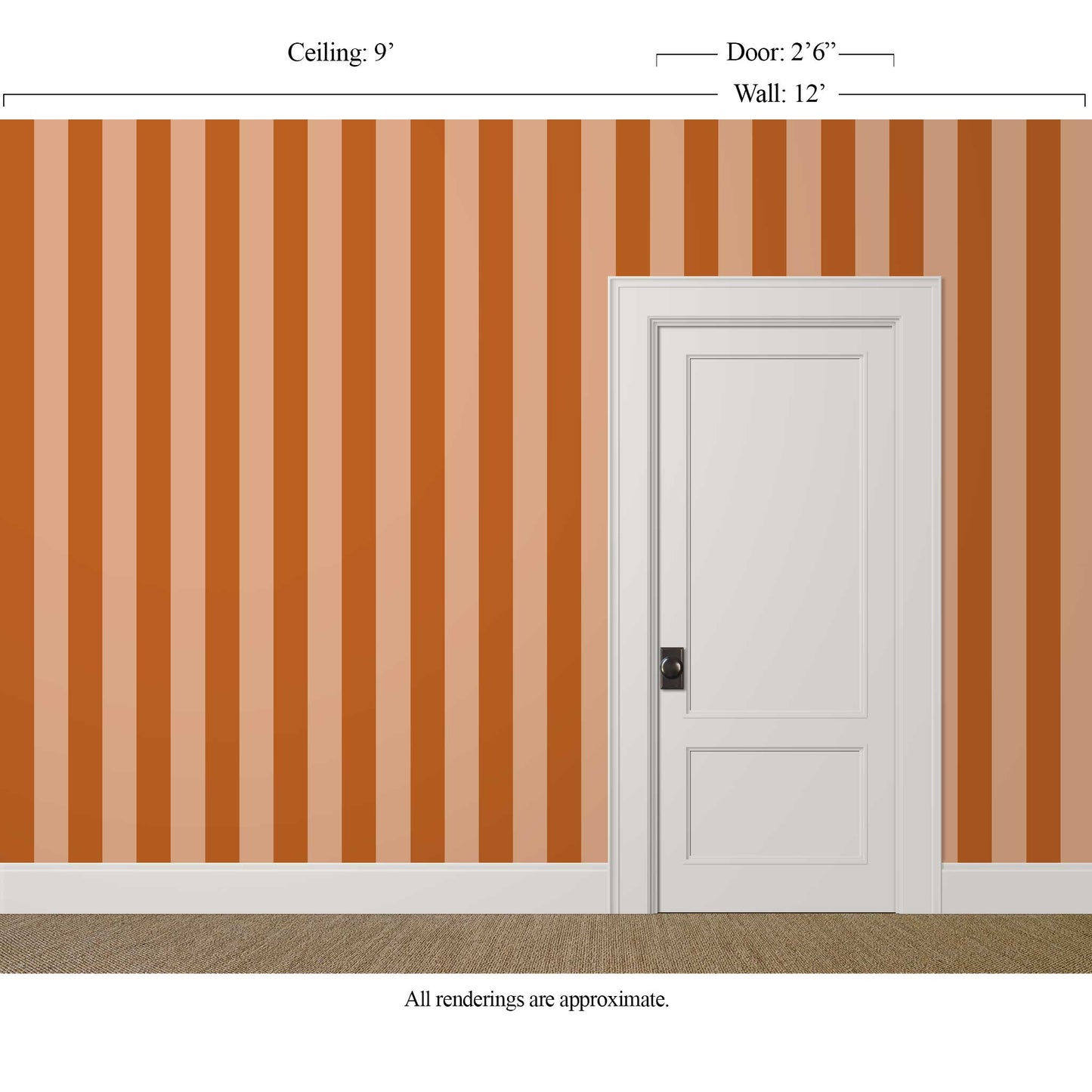Wide, low-contrast burnt orange striped wallpaper in a modern dining room setting