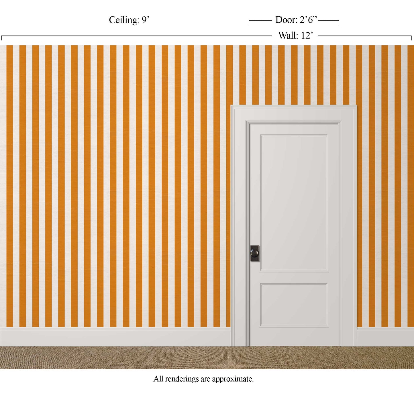 Orange and white striped wallpaper with silk finish in a bright hallway with white trim