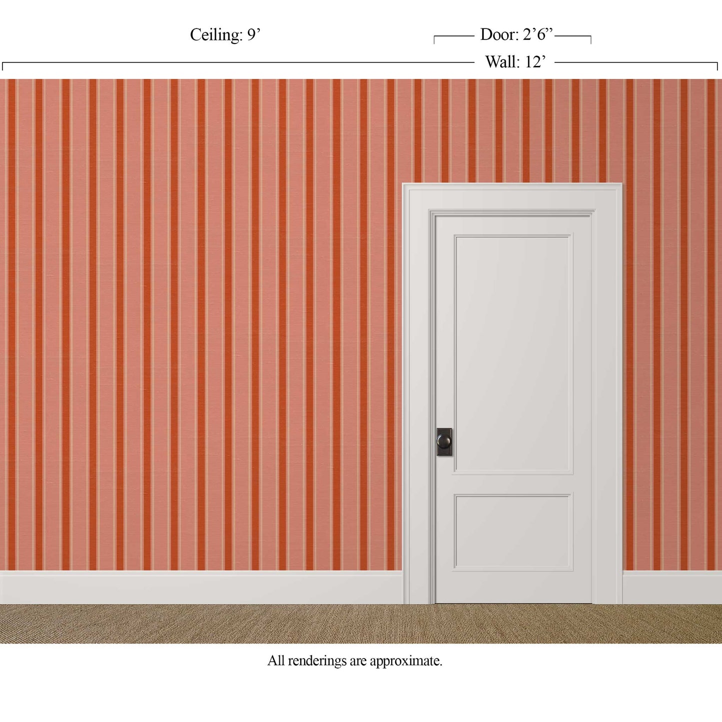 Detailed coral striped wallpaper with silk finish in a guest bedroom with traditional trim