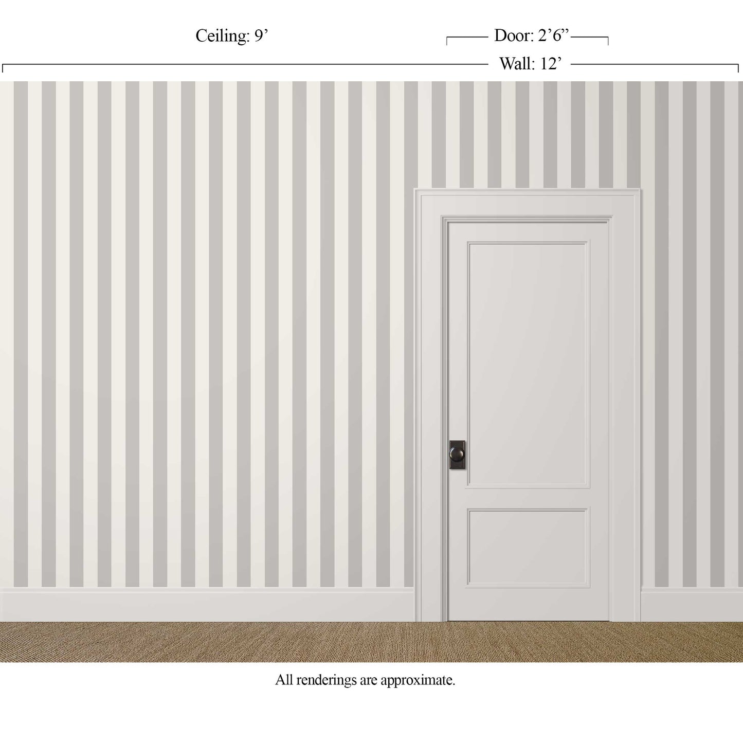 Medium-scale grey and cream striped wallpaper in a tailored transitional interior