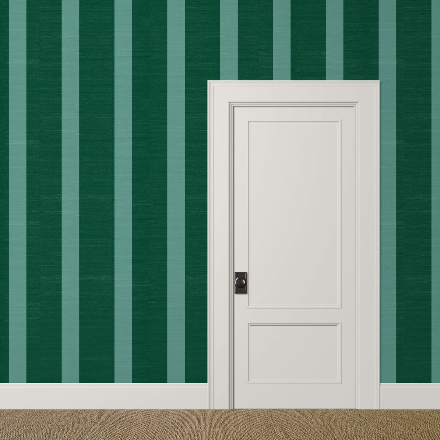 Dark green and teal silk-finish striped wallpaper in a formal dining room with lagoon-inspired hues