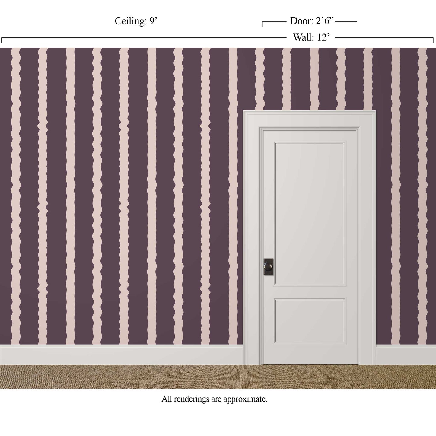 Wavy dusty purple striped wallpaper in a calm interior with classic door trim