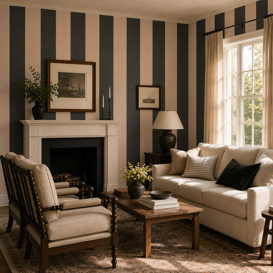 Vintage Hollywood glam living room with off white and soft black striped wallpaper, elegant fireplace, and classic furniture.