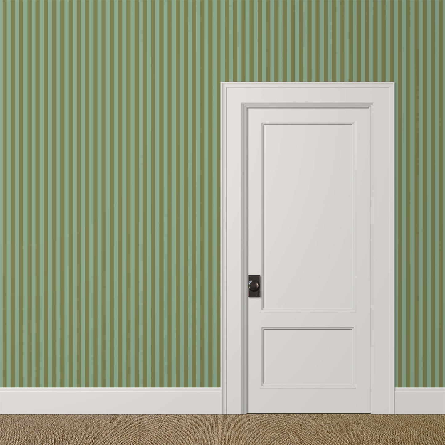 Parisian striped wallpaper with soft green thin stripes in a brass and marble café-style interior