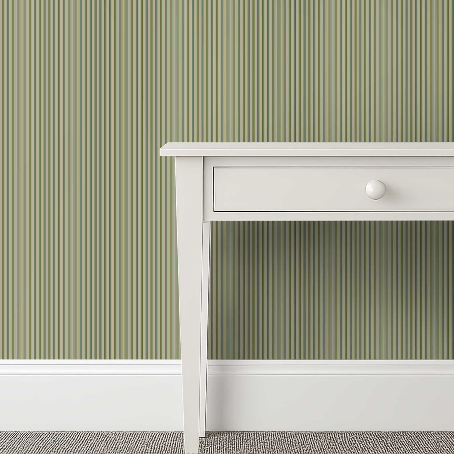 Green and Grey Striped Wallpapered Room – Meadowbrook Ticking Stripe for Classic Countryside Interiors