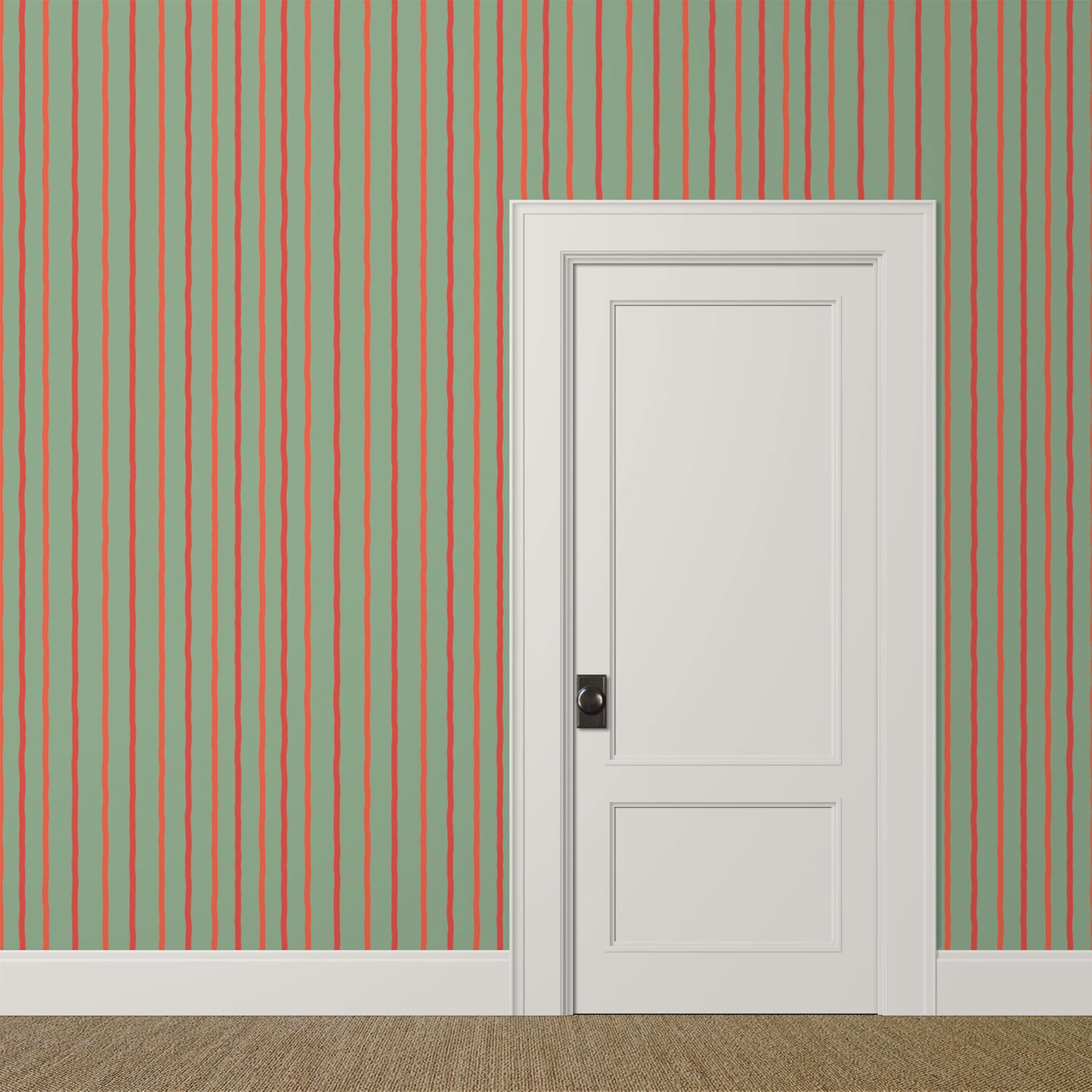 Red and Green Striped Wallpapered Room – Earlham – Modern Guest Room with Celadon and Brick Stripes