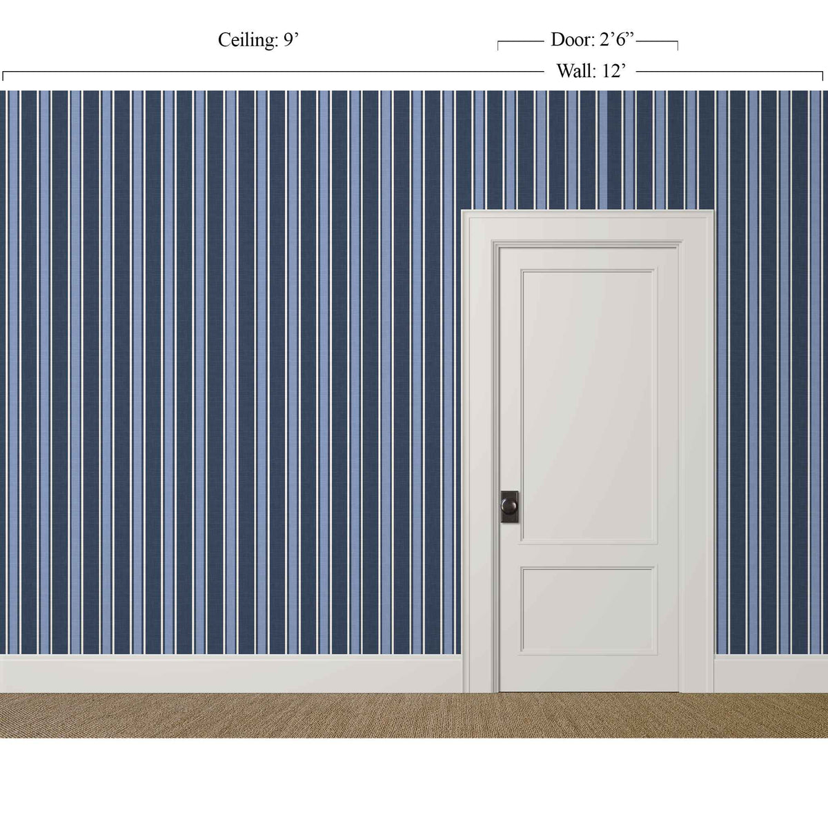 navy blue striped wallpaper with linen texture in a refined, collected interior