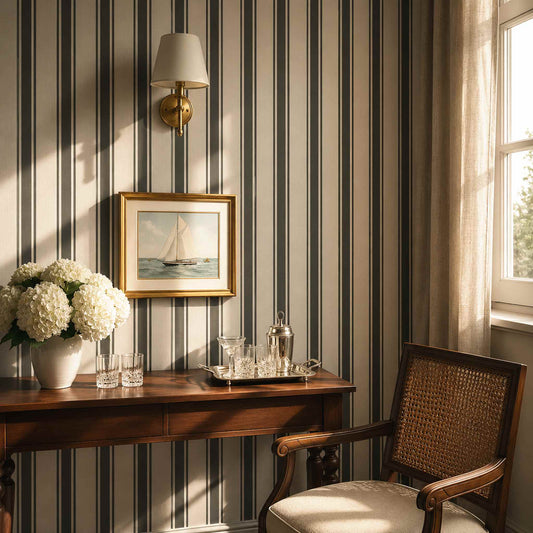 Nautical-themed living room with white and black striped wallpaper, wooden sideboard, and framed picture of a sailboat.