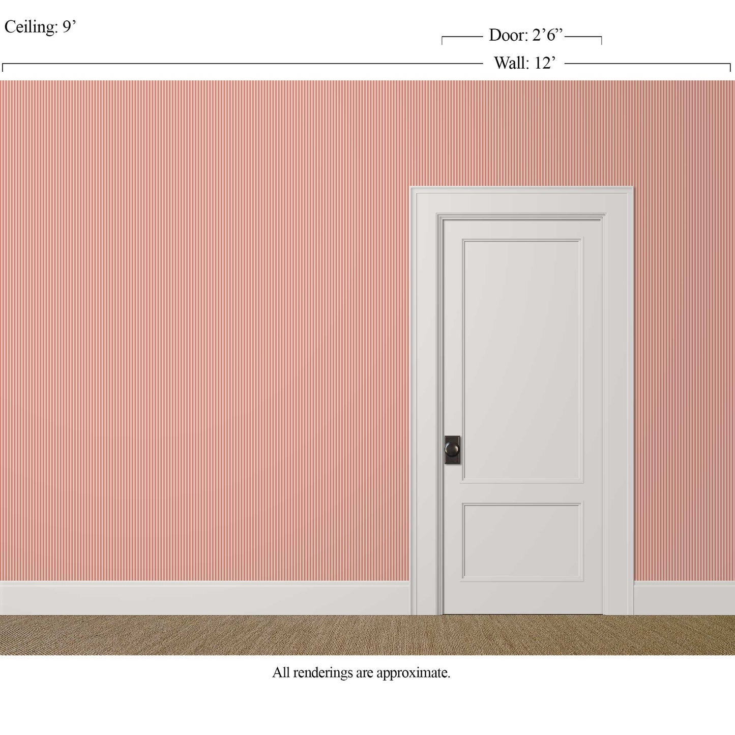 Light red and beige pencil stripe wallpaper in a traditional guest bedroom