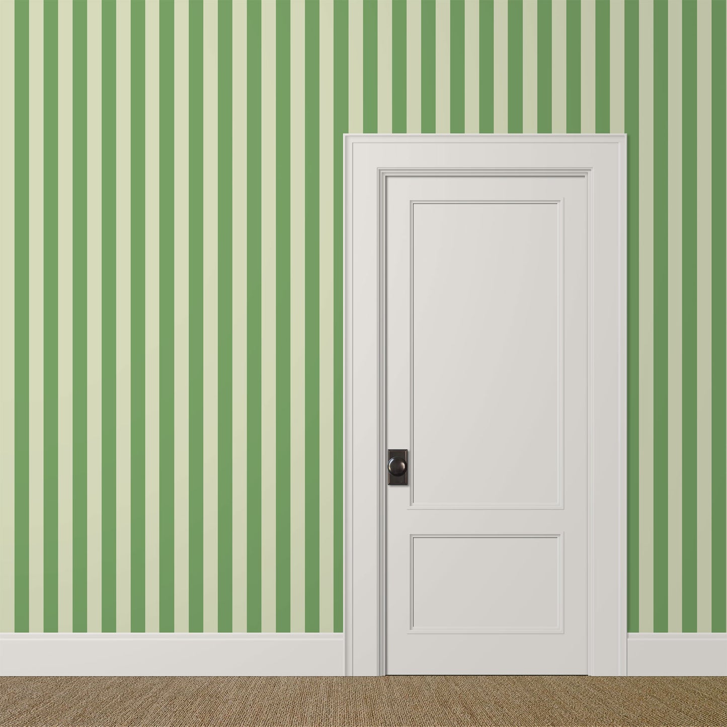 Moss green striped wallpaper with alternating light and bright green stripes in a bright kids bedroom interior