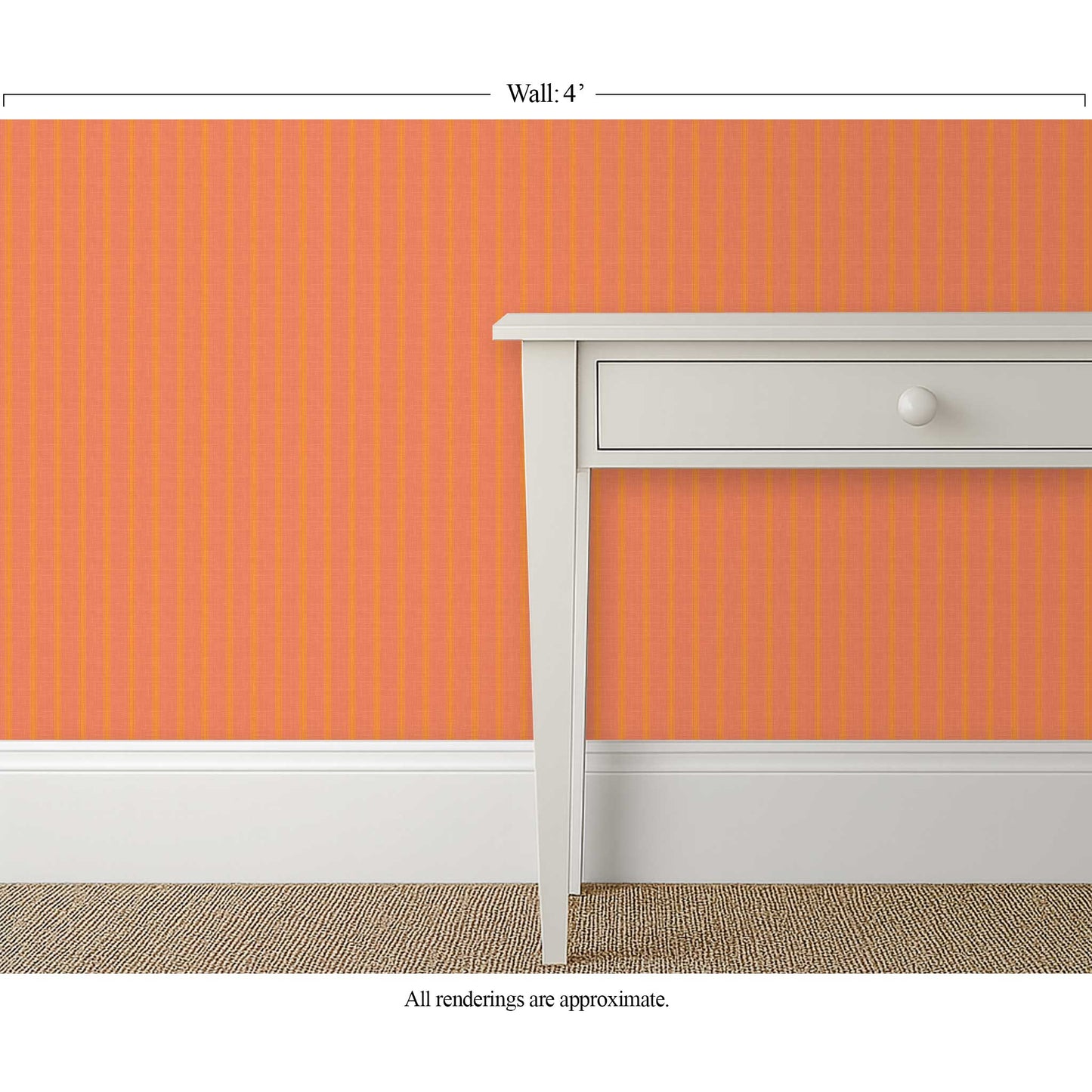 Orange ticking stripe wallpaper with linen finish in a bright hallway with warm white trim
