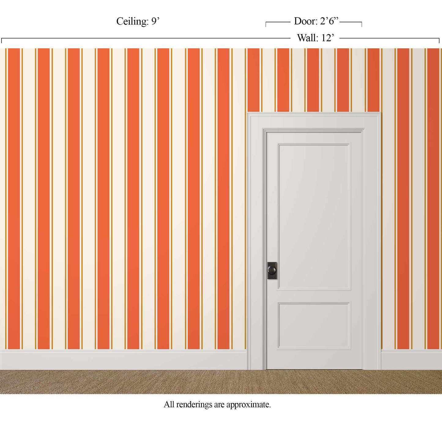 Wide orange and yellow striped wallpaper in a bright entryway with warm white trim
