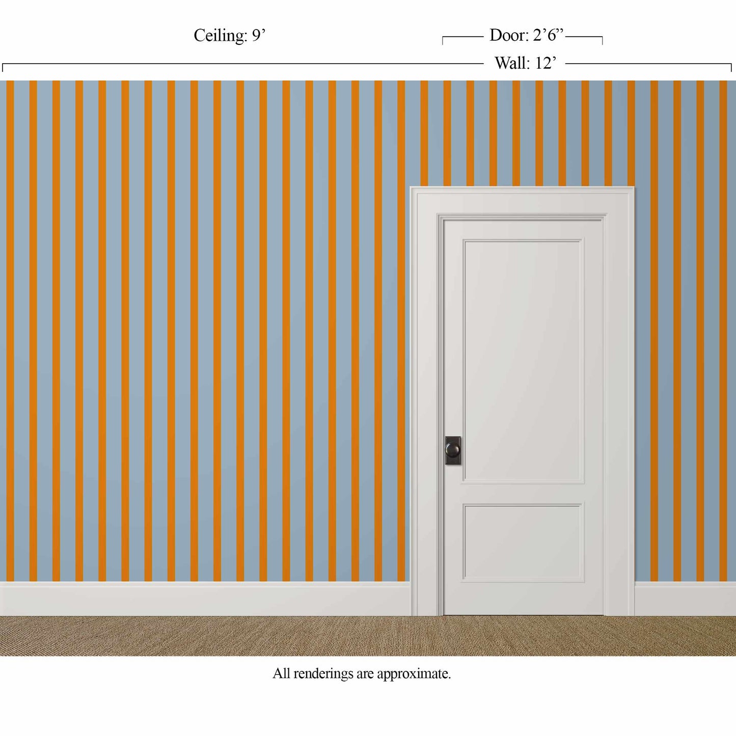 Slim-scale orange and blue uneven striped wallpaper in a coastal modern bedroom