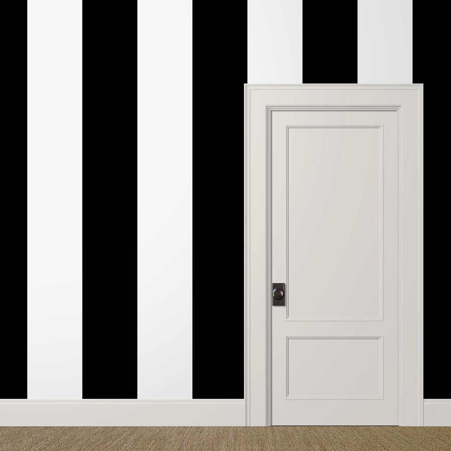 Extra wide black and white striped wallpaper in a dramatic dining room