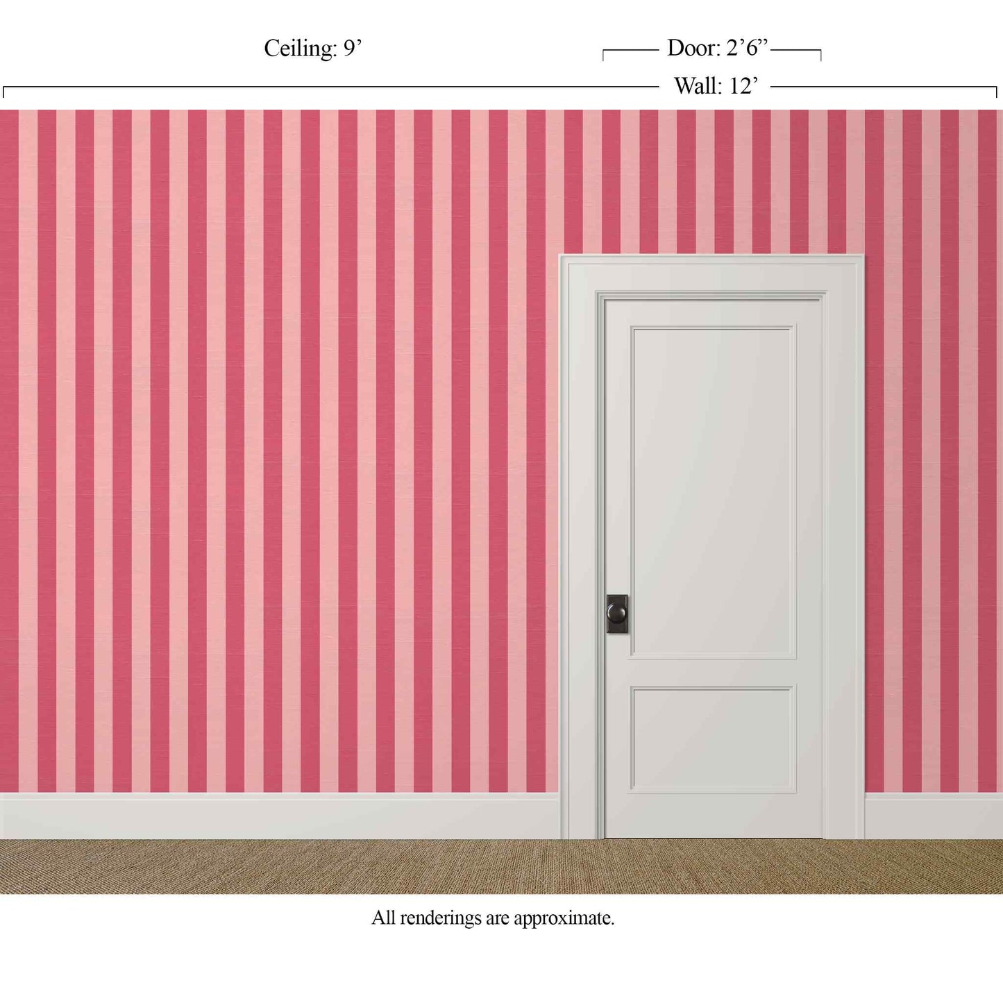 pink stripe wallpaper in a glamorous dressing room with marble sink and white trim