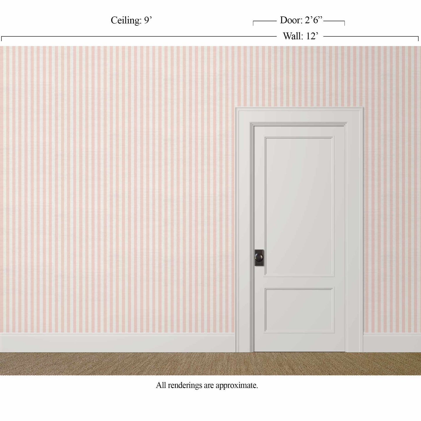 Narrow pink and white striped wallpaper with silk finish in a softly styled nursery