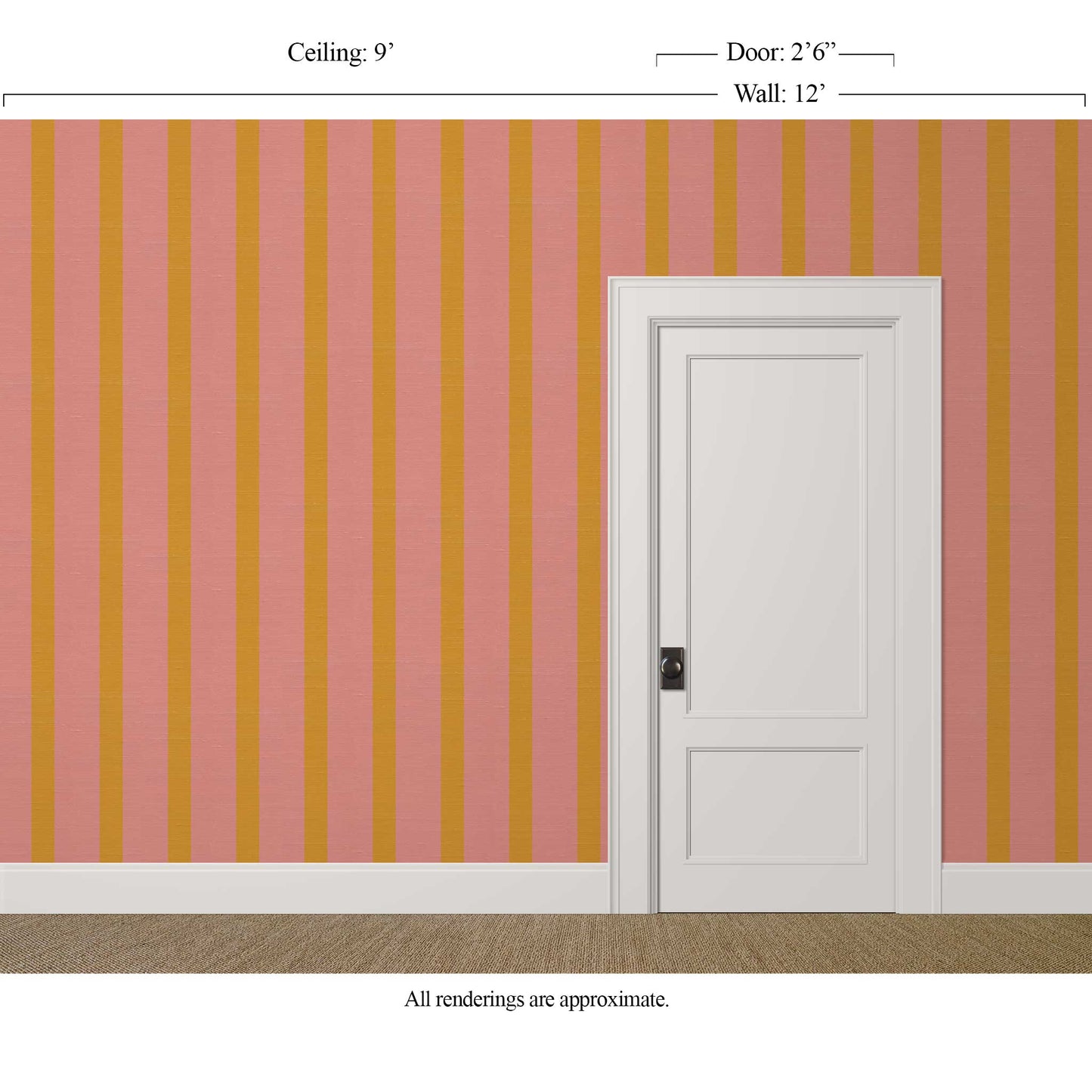 pink and yellow striped wallpaper in a warm mediterranean-inspired interior