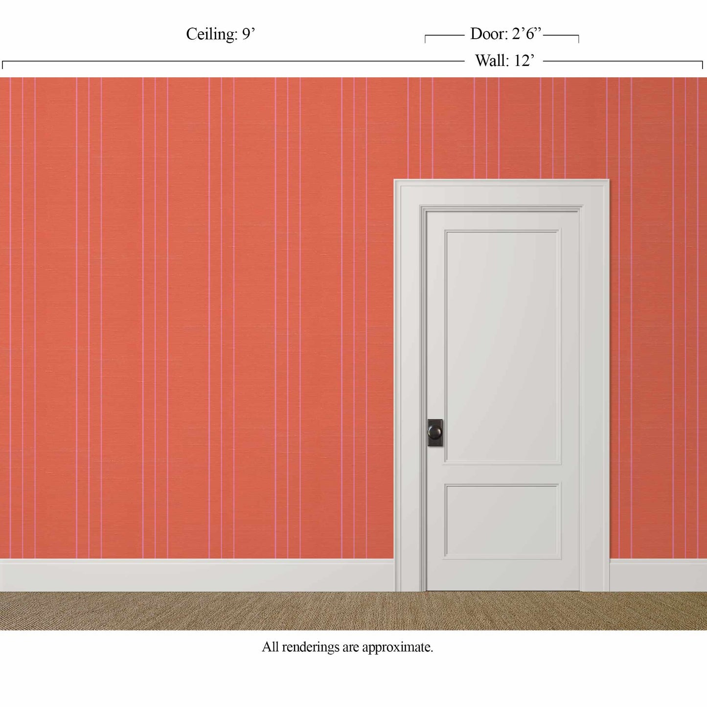Pink and orange pinstriped wallpaper in Sedona and Double Bubble with silk finish, bold modern stripe for entryway or powder room