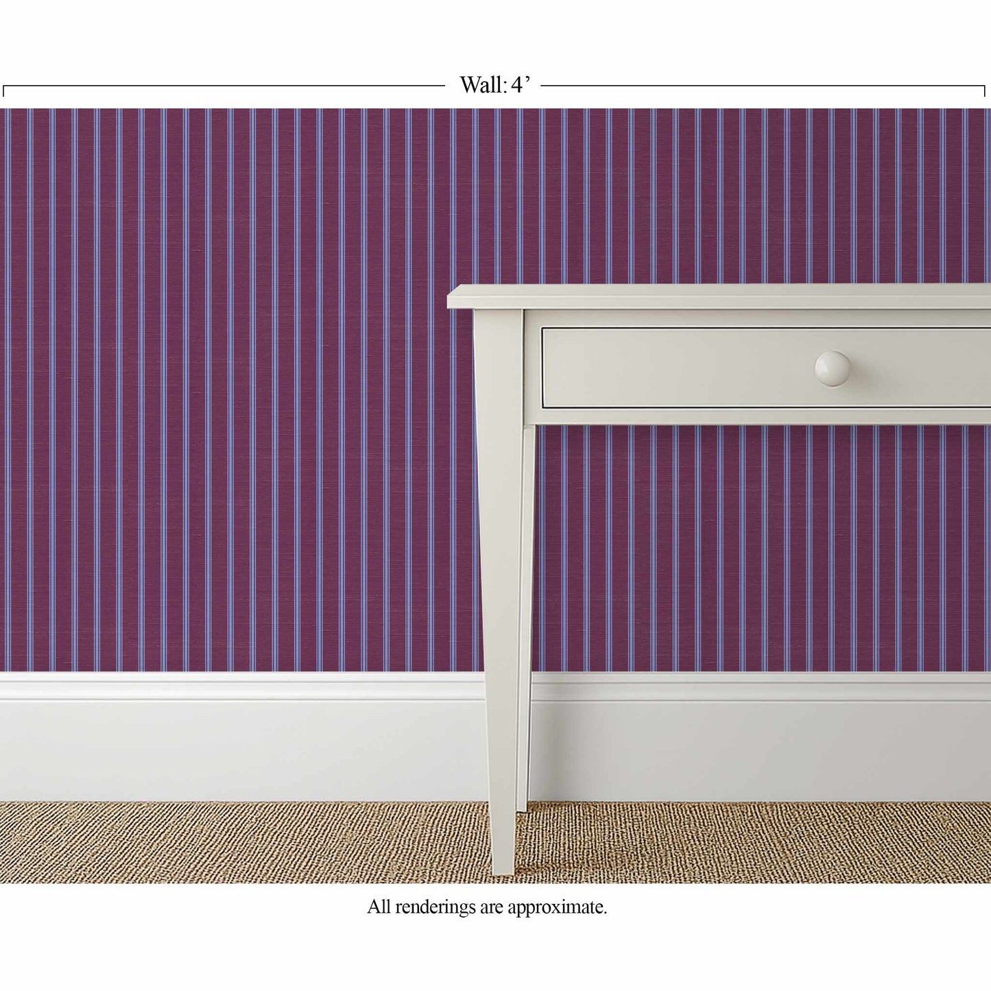 Fine purple and blue ticking stripe wallpaper with silk finish in a creative home office