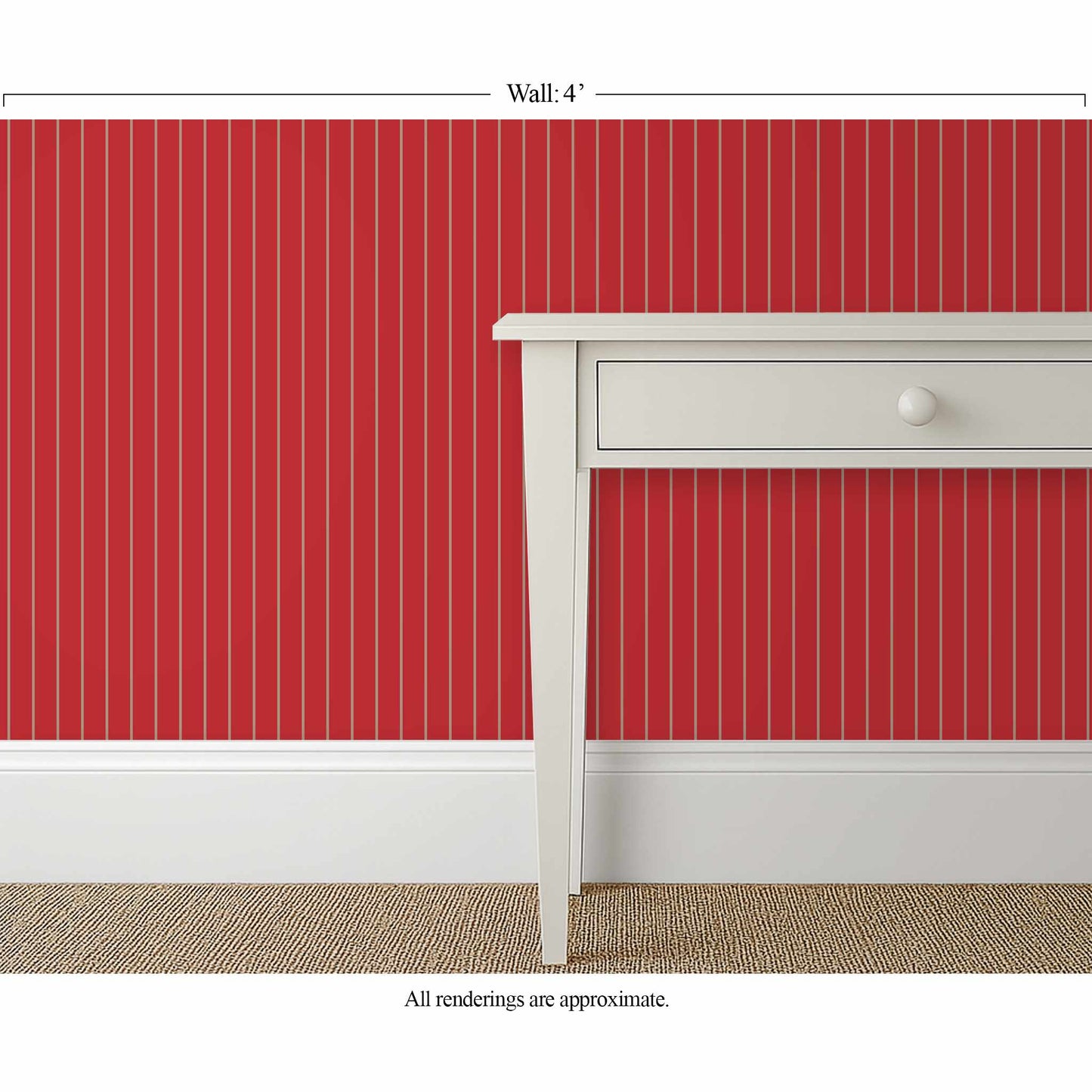 Narrow red pinstripe wallpaper with mushroom stripe in a traditional library