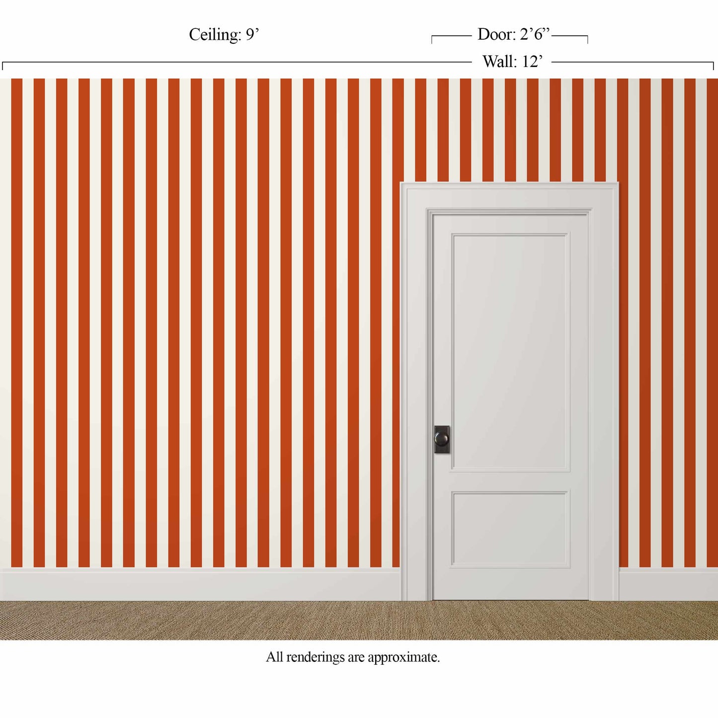 Medium-scale red and cream striped wallpaper in a carnival-inspired children's room