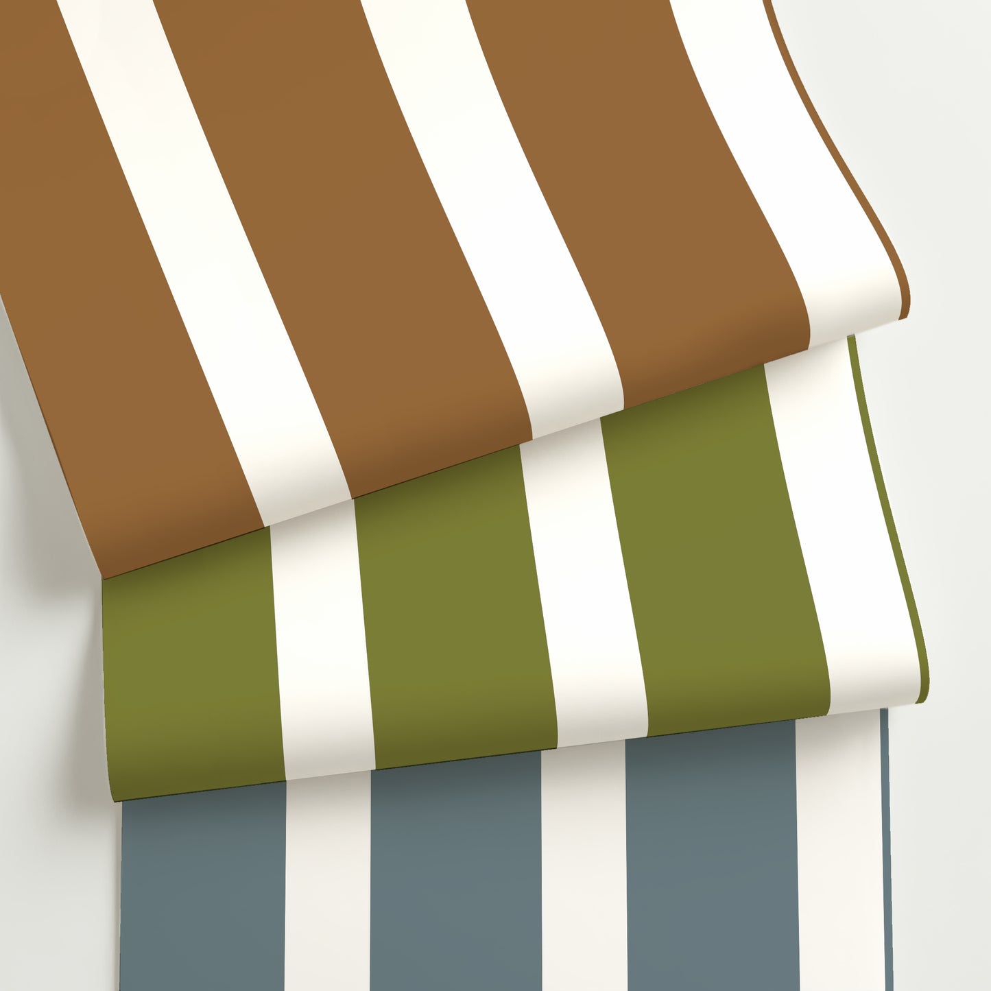 Three colorways of large scale modern stripe wallpaper rolled in layers – featuring Glenrose in brown, olive green, and slate blue on off-white. Bold 2:1 stripe layout with a clean modern look.
