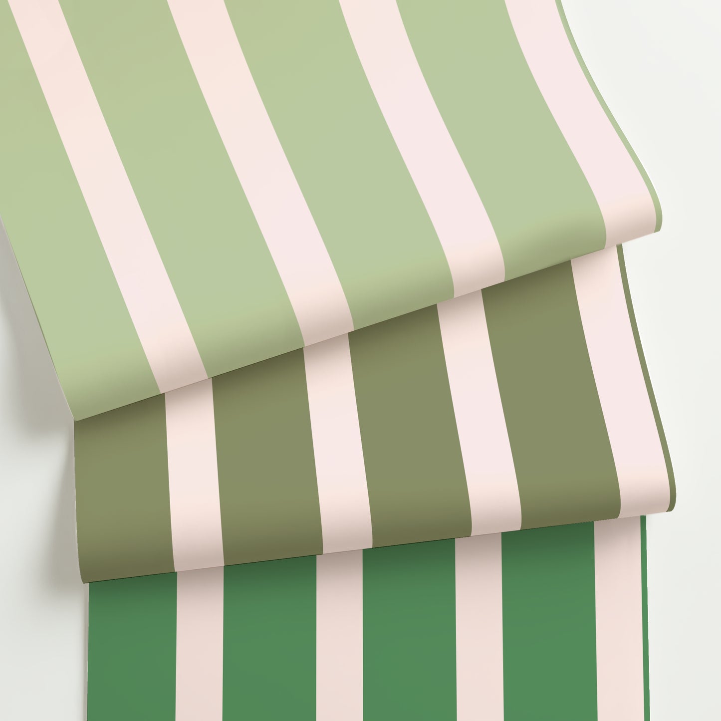 Stacked rolls of modern stripe wallpaper in a customizable two-tone green palette with a 6.75" medium scale double-width stripe layout.