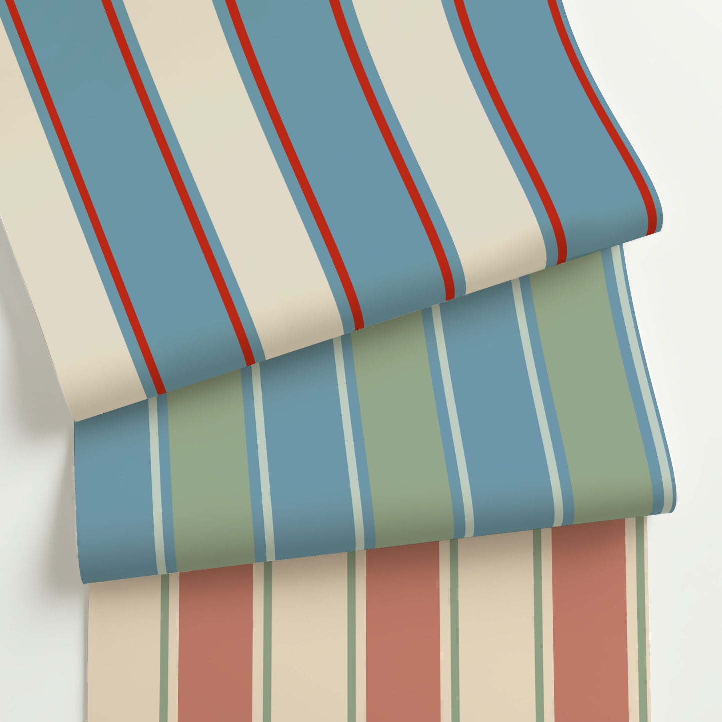 Three rolls of custom preppy striped wallpaper in bold, tailored color palettes—featuring wide and narrow bands in red, blue, green, and coral tones.