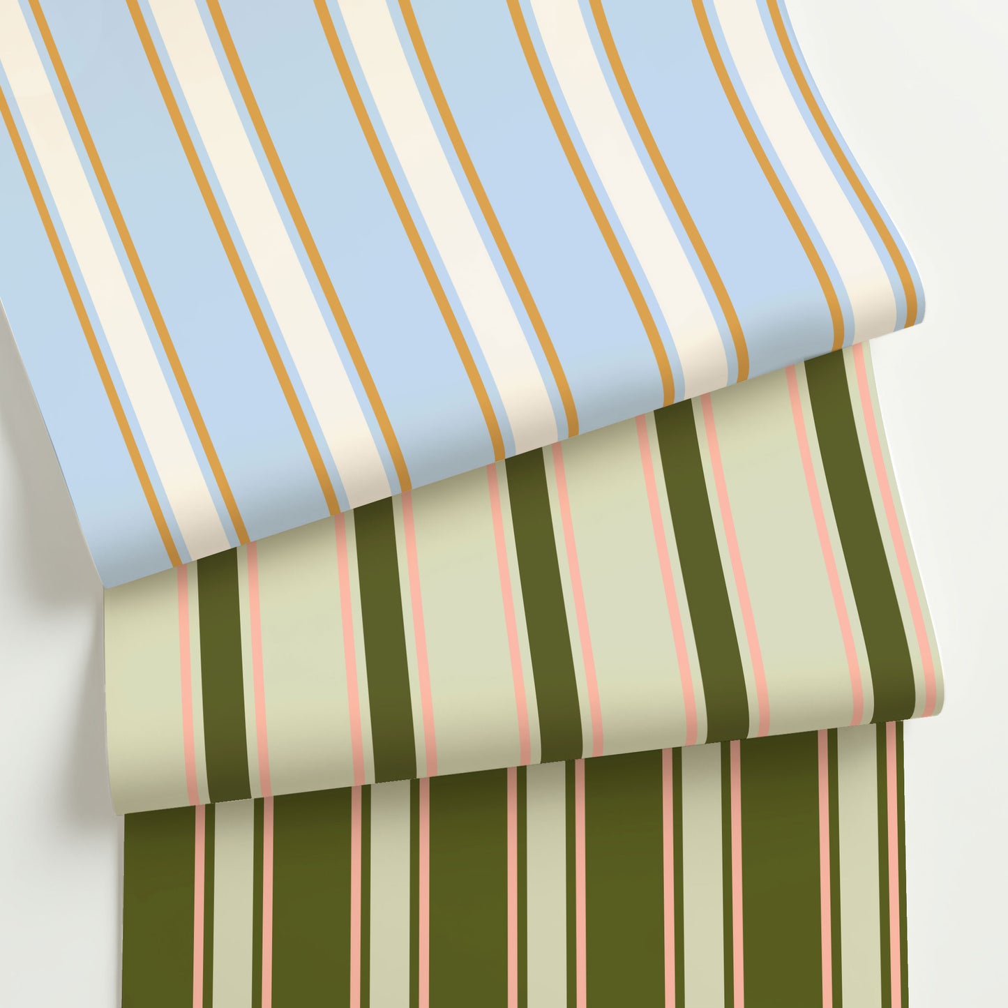Three colorways of La Solana preppy stripe wallpaper, featuring evenly spaced vertical stripes in blue, olive green, cream, and blush tones on rolled sheets.