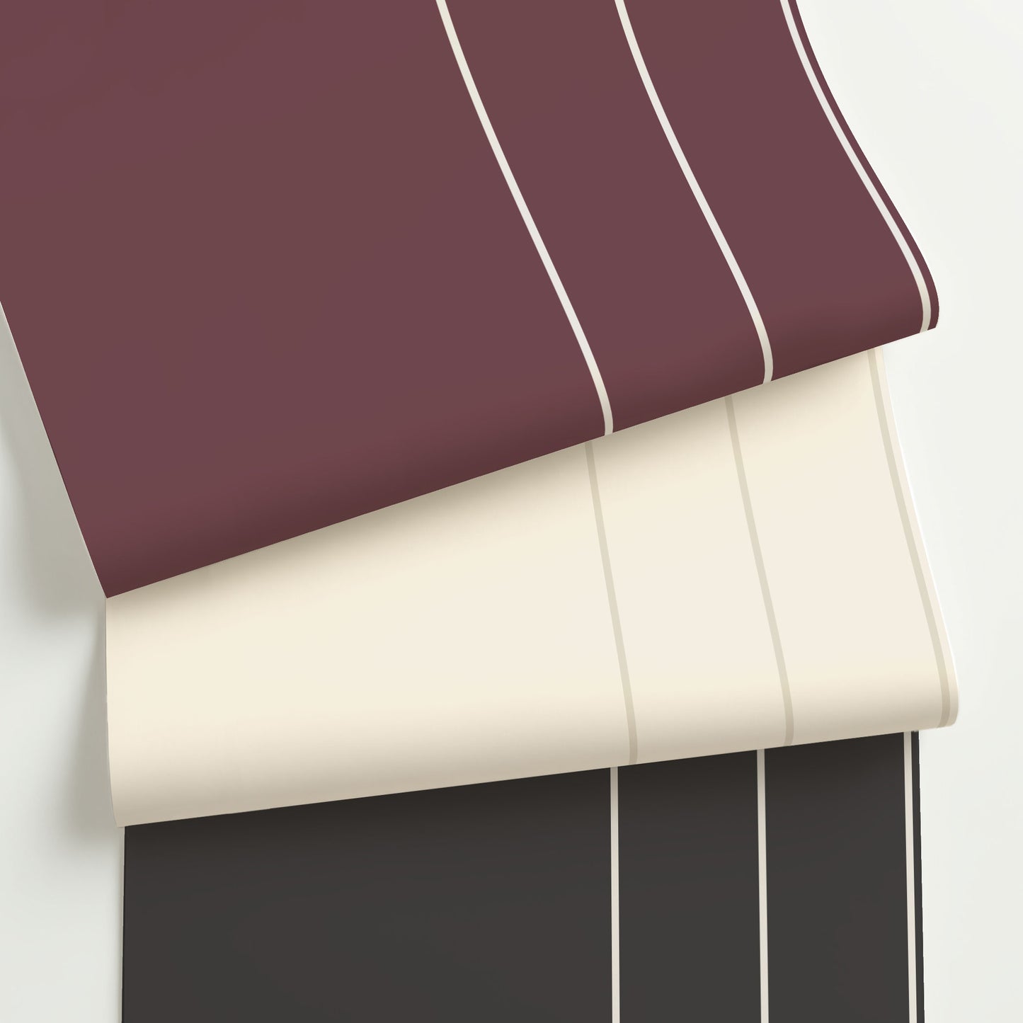 Three colorways of Minimal Pinstripe Wallpaper, featuring clean, wide-set vertical lines on rich, modern backgrounds—ideal for tailored interiors.
