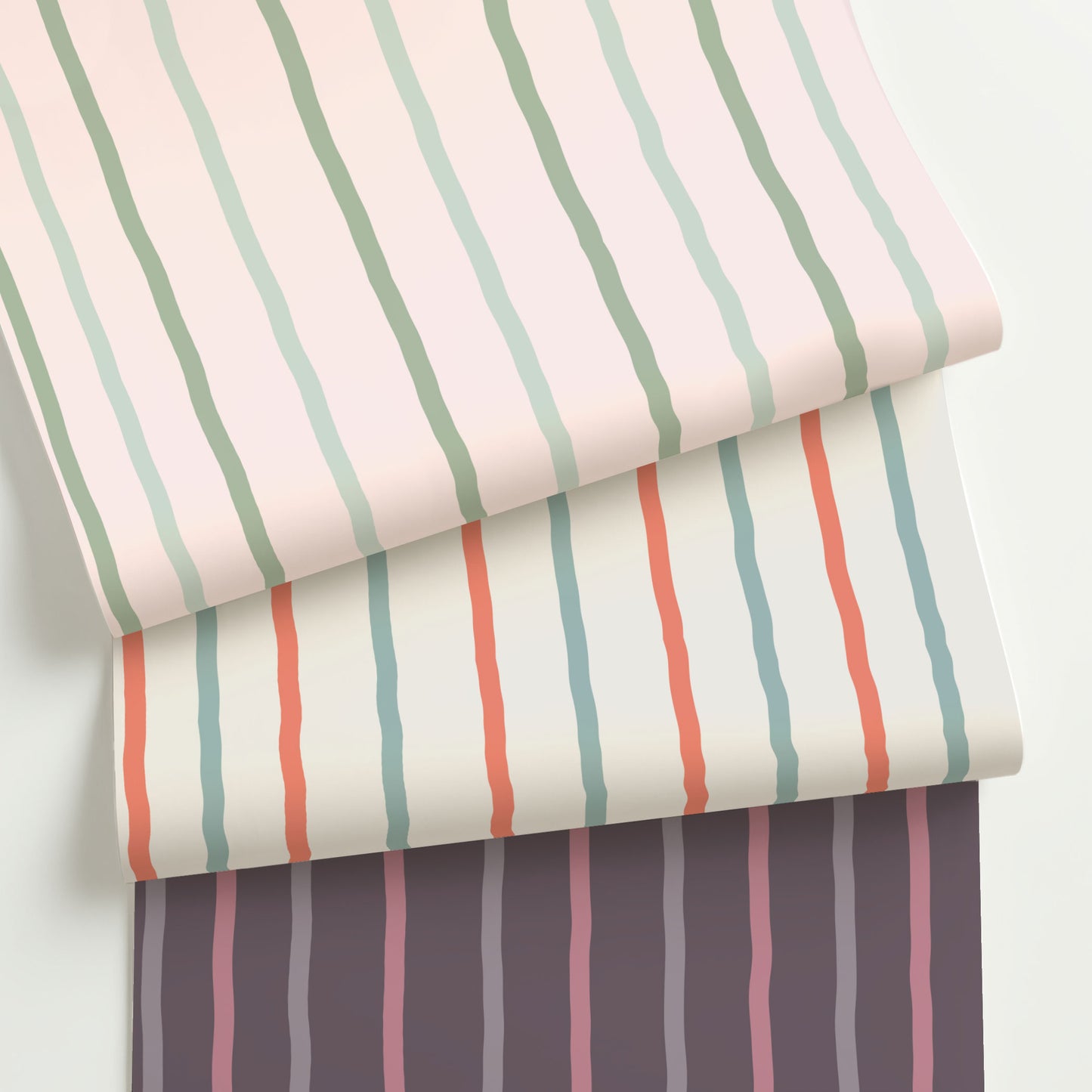 Three colorways of whimsical wavy stripe wallpaper with soft, hand-painted lines in pastel and earth tones—perfect for playful or artistic interiors.