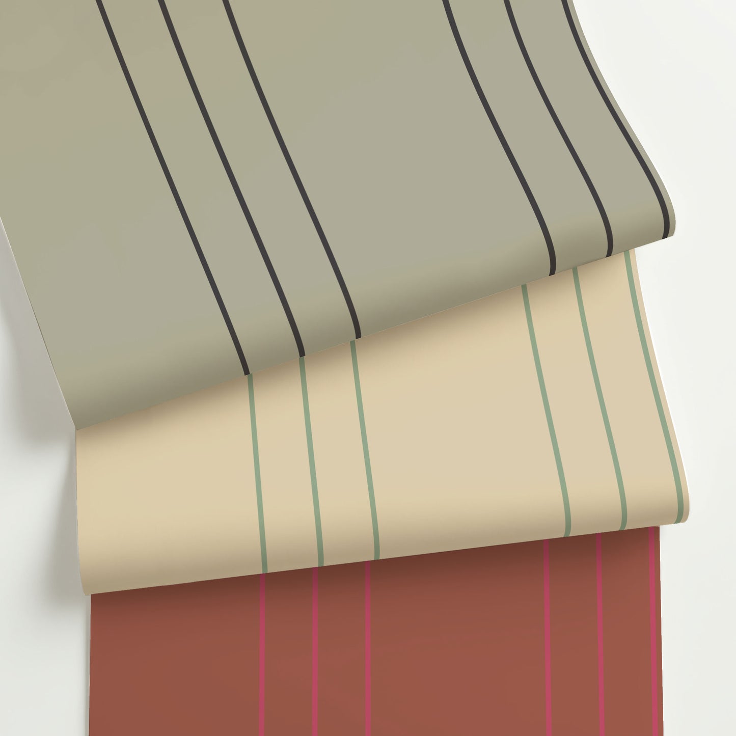 Three colorways of Arno tailored pinstripe wallpaper, shown in overlapping rolls. Patterns feature close-set triple pinstripes on sage green, cream, and brick red backgrounds.