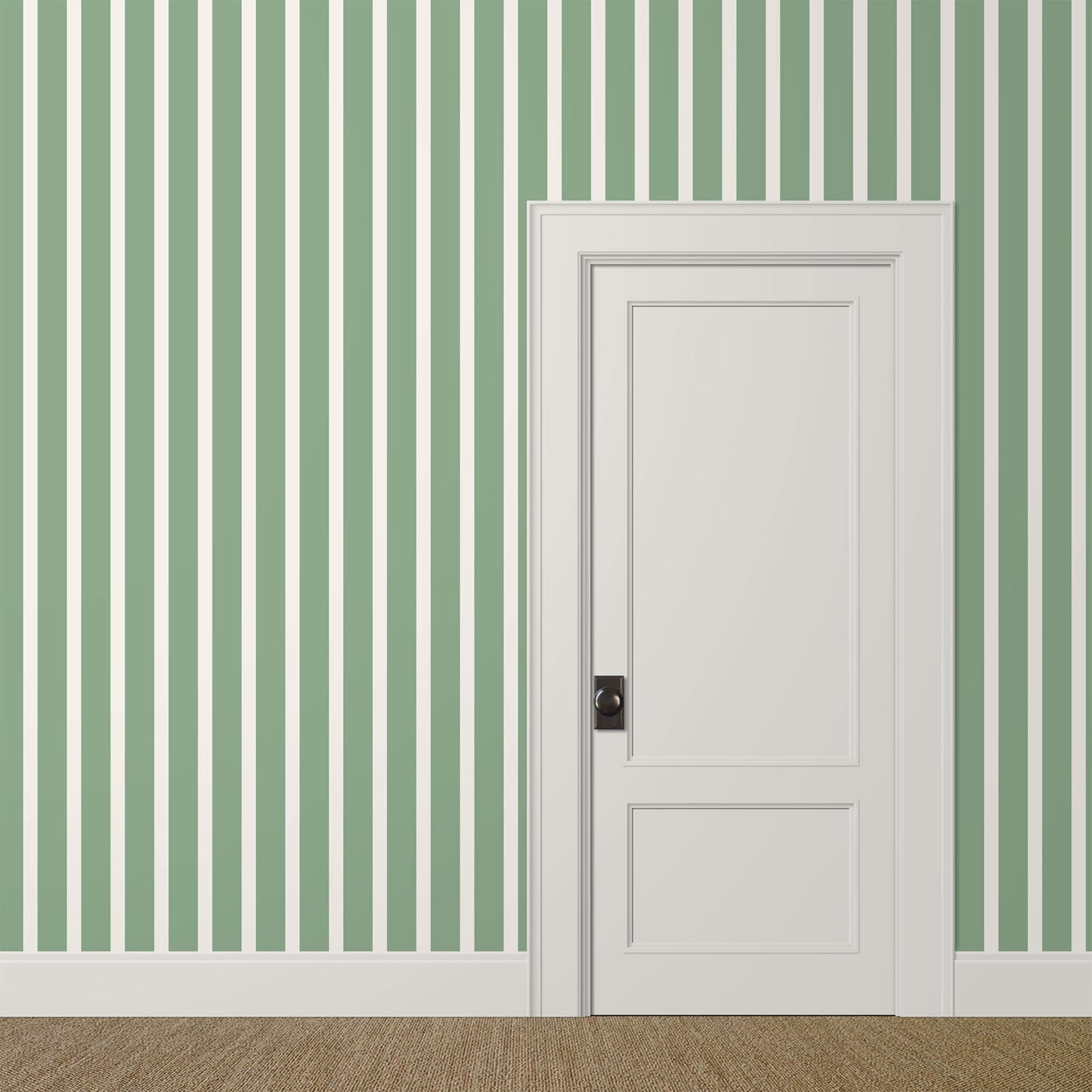 Sage striped wallpaper with alternating celadon and soft cream stripes in a calm, traditional-meets-modern interior