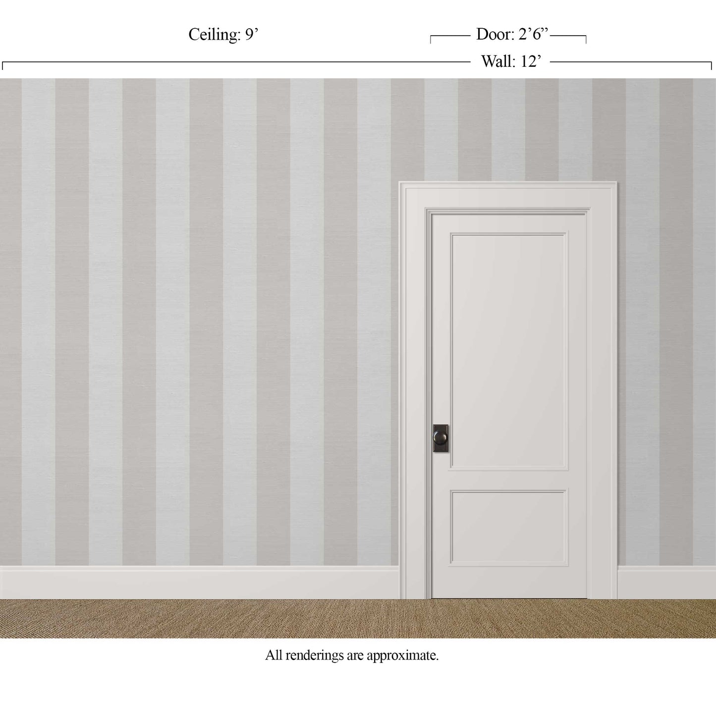Wide silver and grey striped wallpaper with silk finish in an elegant bedroom interior
